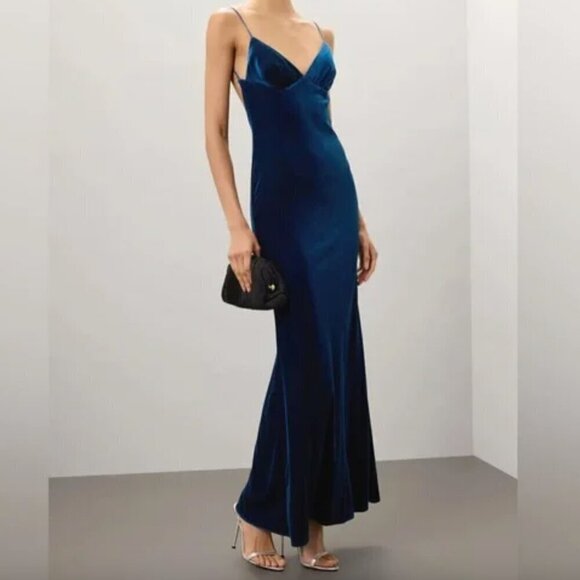 Katie May Ariel Gown Velvet Blue Mavi V-neck Sleeveless M - Picture 1 of 12